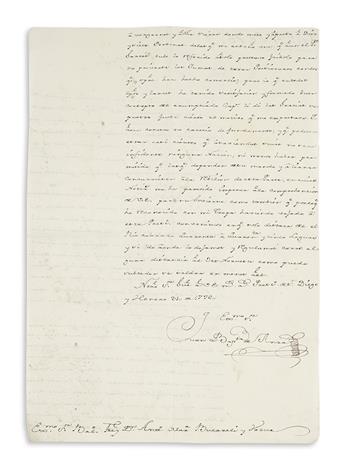 (CALIFORNIA.) Bautista de Anza, Juan. Letter investigating an Indian attack at San Diego.